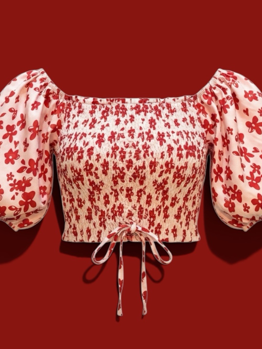 Kendall & Kylie Red Floral Smocked Puff-Sleeve Crop Top